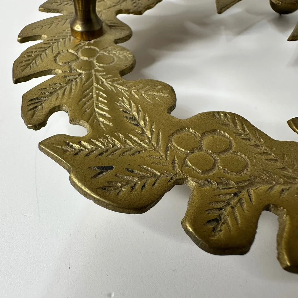 Vintage Brass Christmas Wreath Candelabra 3 Cup Candle Holder Holly‎ Leaf Bow